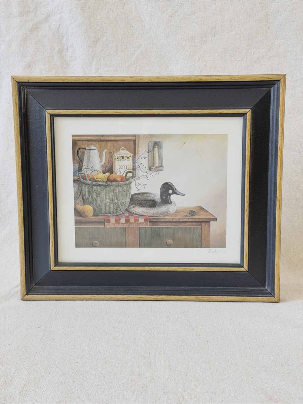 Vintage Framed Rustic Duck Still Life Wall Art - Deep Navy & Wood Frame